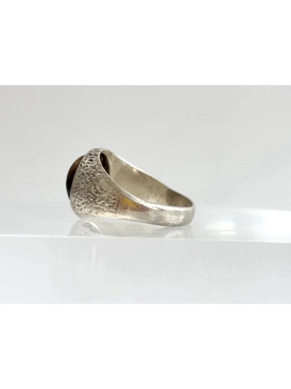 Genuine Tiger's Eye Hammered Sterling Silver 925 Vintage Ring - sz 11.75